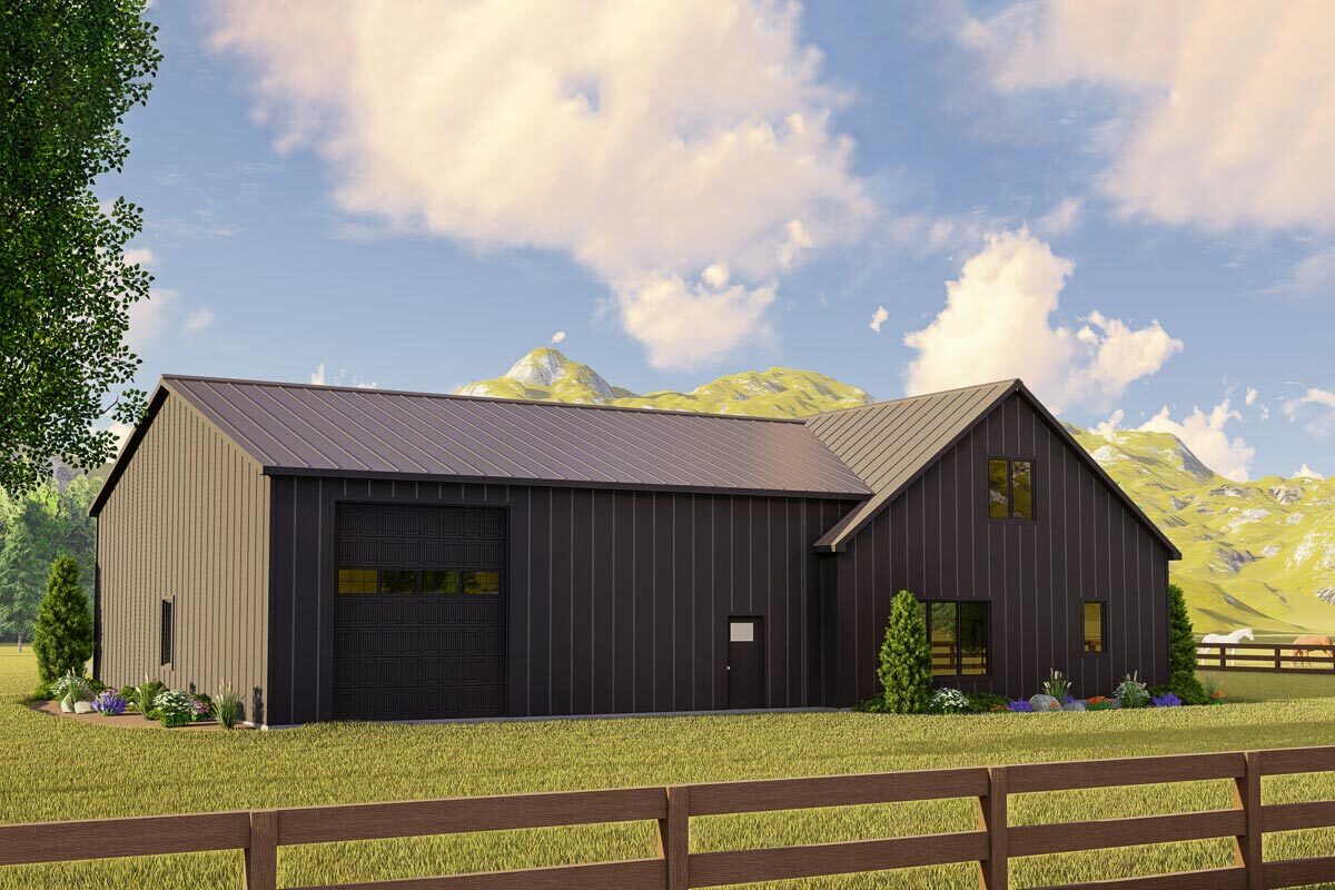 Plan 135072GRA Farmhouse inspired Barndominium with Wraparound Porch 3