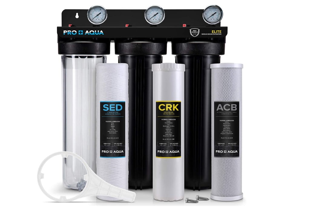PRO+AQUA ELITE Whole House Water Filter 3 Stage Well Water Filtration System w/Gauges, PR Button, 1” Ports, Filter Set