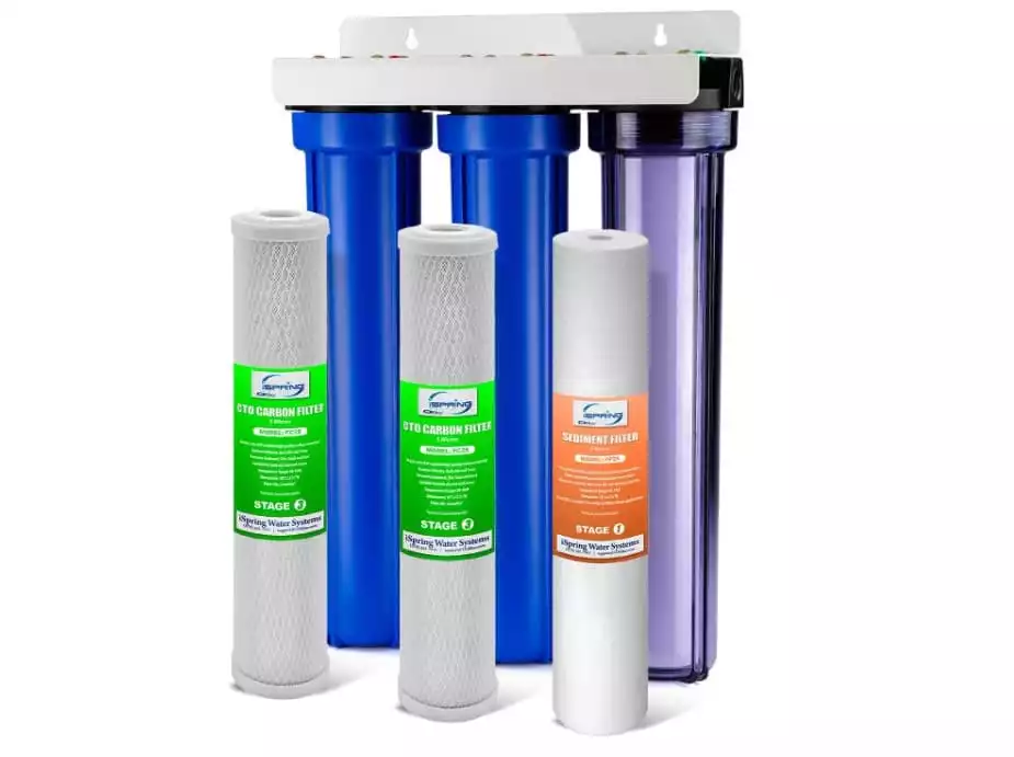 iSpring Whole House Water Filter System w/ 20” x 2.5” Sediment & Carbon Water Filters, Clear 1st Stage Filter Housing, 3-Stage Whole House Water Filtration System, Model: WCB32C