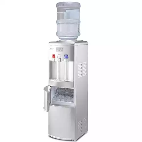 COSTWAY 2-in-1 Water Cooler Dispenser with Built-in Ice Maker, Freestanding Hot Cold Top Loading Water Dispenser, 27Lbs/24H Ice Maker Machine with Child Safety Lock, Silver